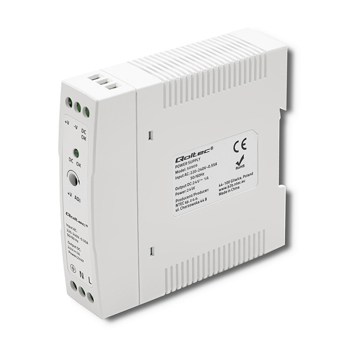 Qoltec DIN rail power supply, 24V, 1A, 24W, white, slim