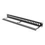 19" 1U patch panel, 24 ports, without connectors, cable support, metal, black